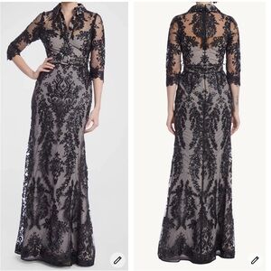 Badgley Mischka‎ Black Embroidered Sequined Beaded Lace Overlay Belted Gown Sz 0